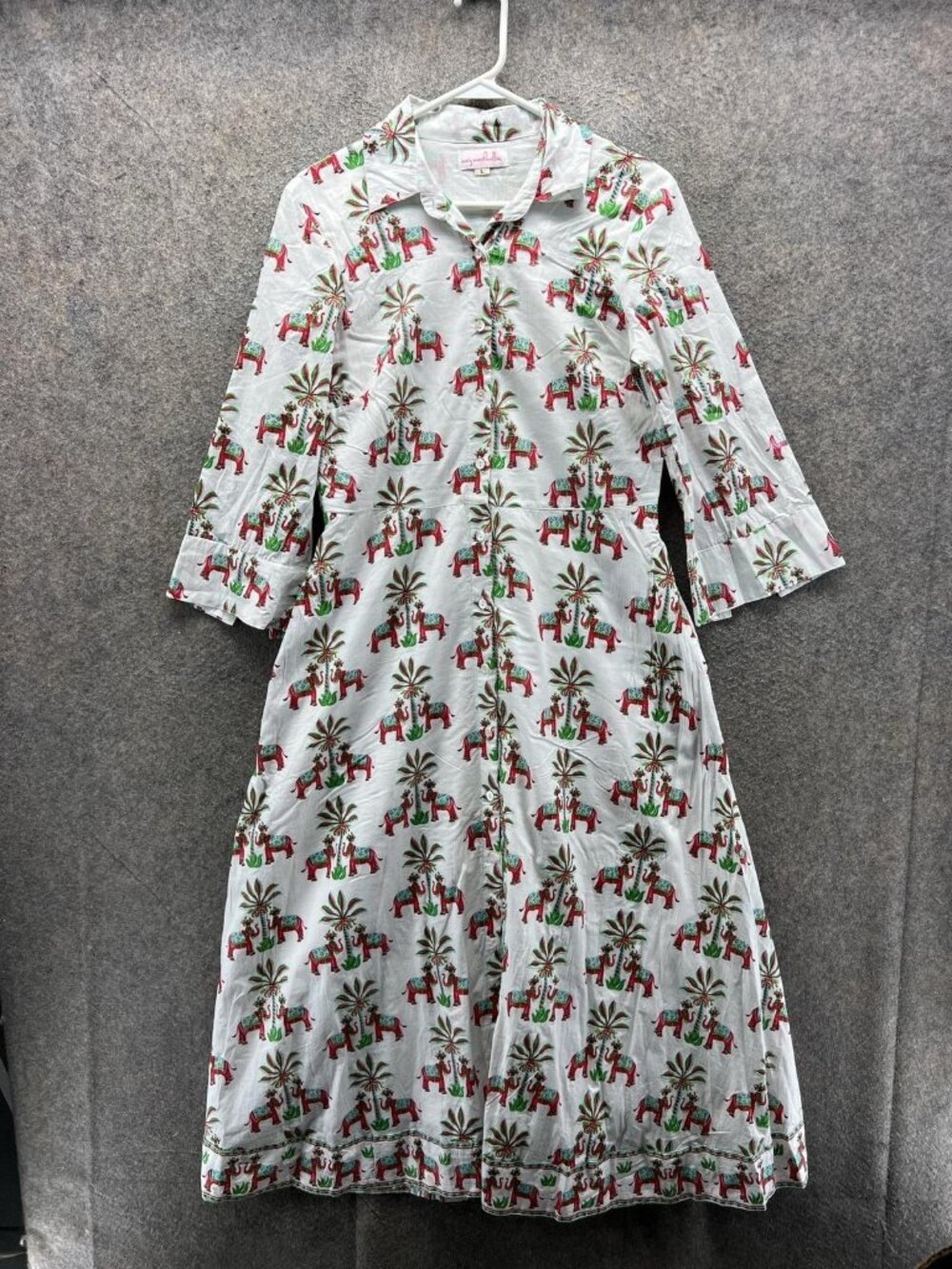 Mary Marshmallow Shirt Dress Womens Large White Elephant 3/4 Sleeve Midi